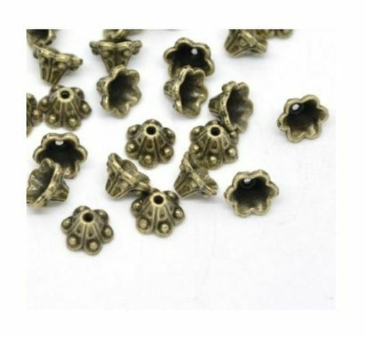 40 Beads Caps Flower Antique Bronze Dot Pattern (Fits 8mm Beads) 10mm x 5mm