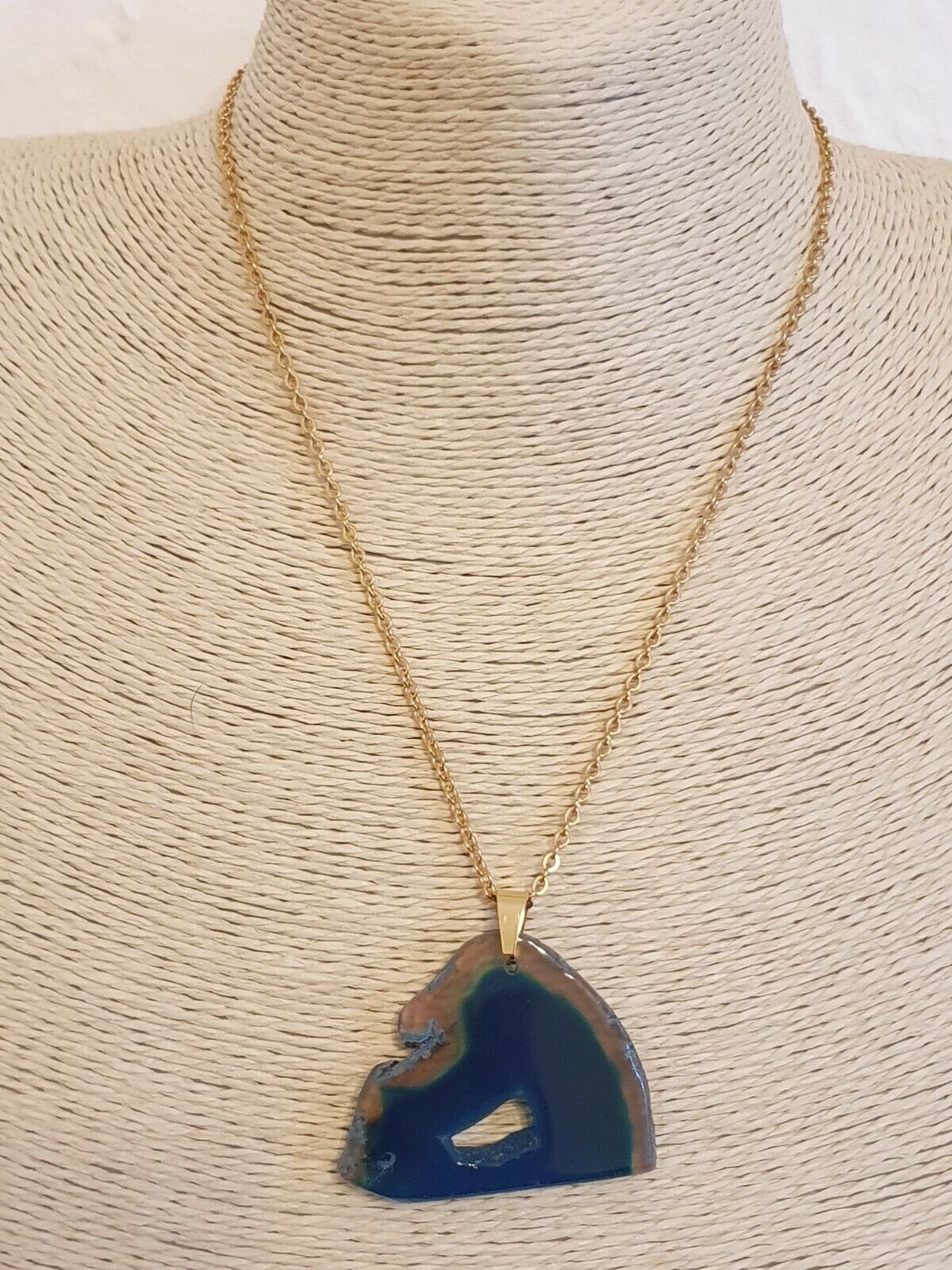 Natural Blue Irregular Slice Druzy Agate Gold Plt Stainless Steel Chain Necklace