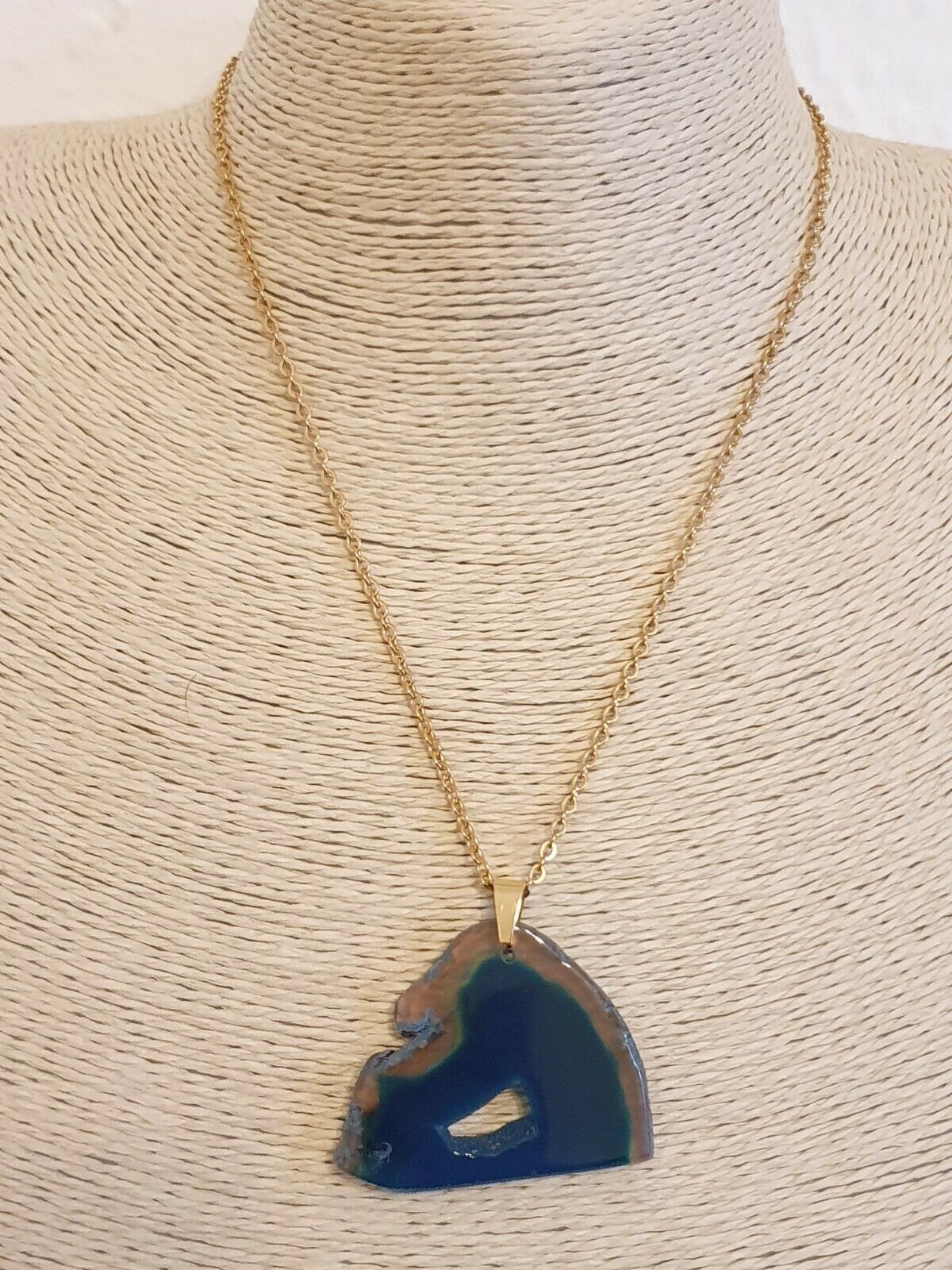 Natural Blue Irregular Slice Druzy Agate Gold Plt Stainless Steel Chain Necklace