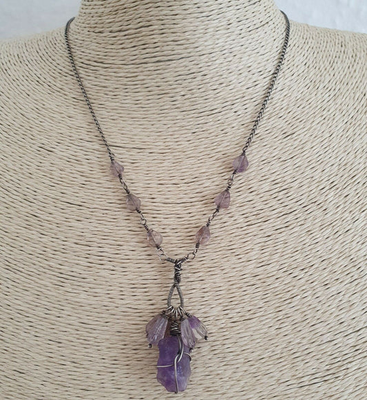 Natural Raw Amethyst Oxidized 925 Sterling Silver Necklace Artisan Handmade