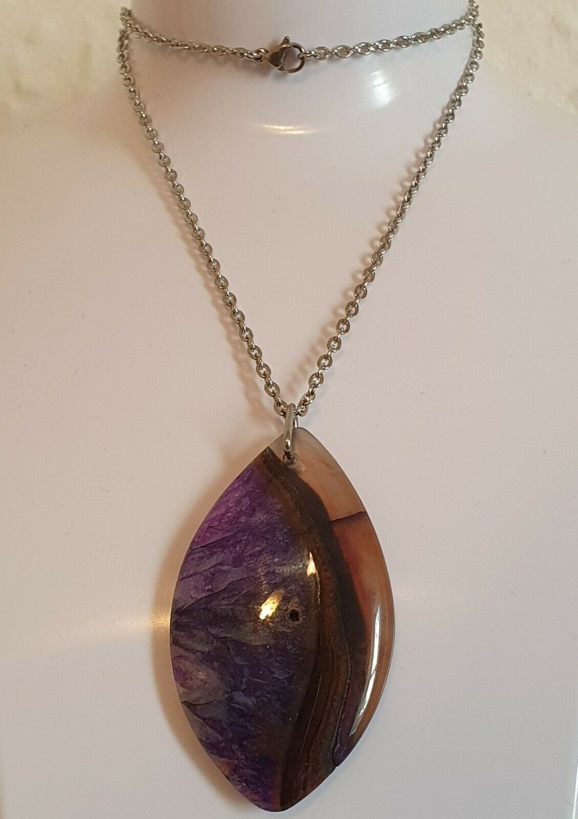 Purple Agate Natural Gemstone Heart Stainless Steel Chain Necklace