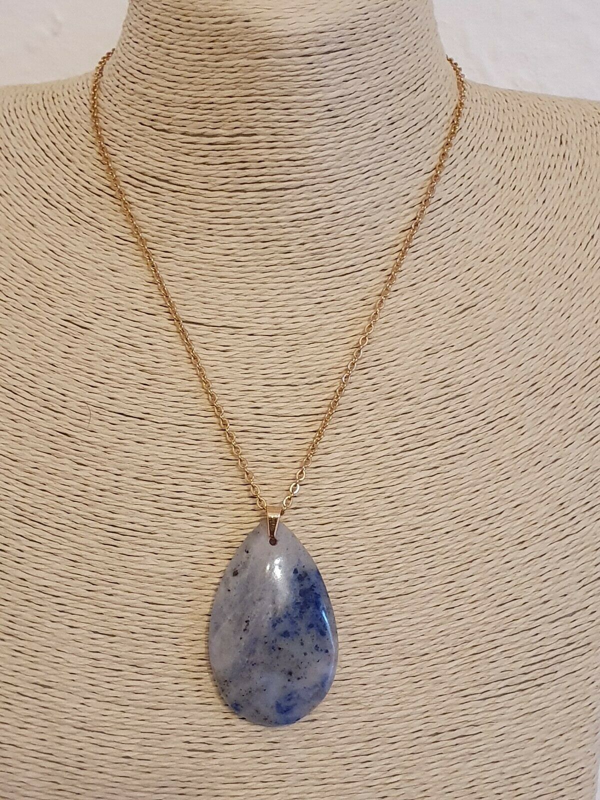 Natural Sodalite Gemstone Pendant Gold Plated Stainless Steel Chain Necklace