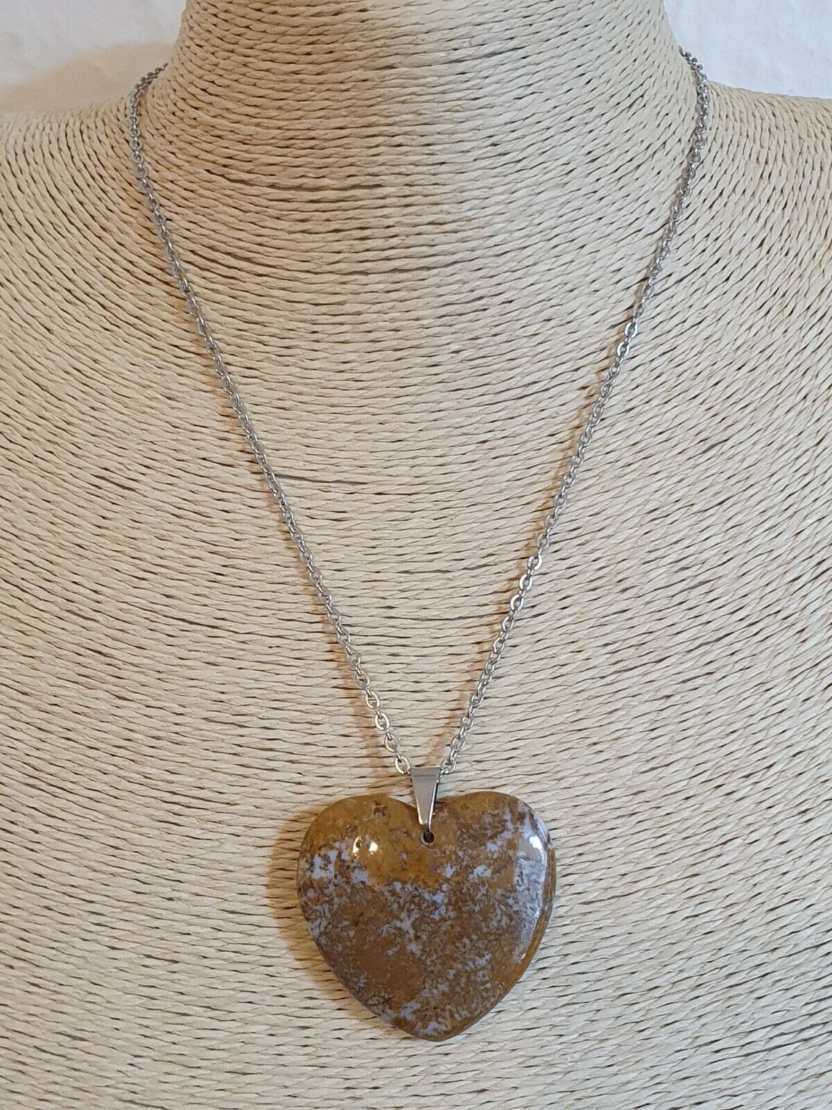 Old Ocean Jasper Reiki Stone Heart Pendant Stainless Steel Chain Necklace