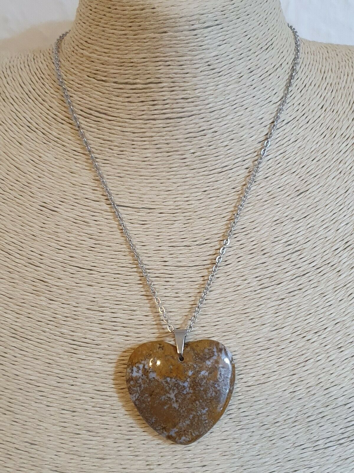 Old Ocean Jasper Reiki Stone Heart Pendant Stainless Steel Chain Necklace
