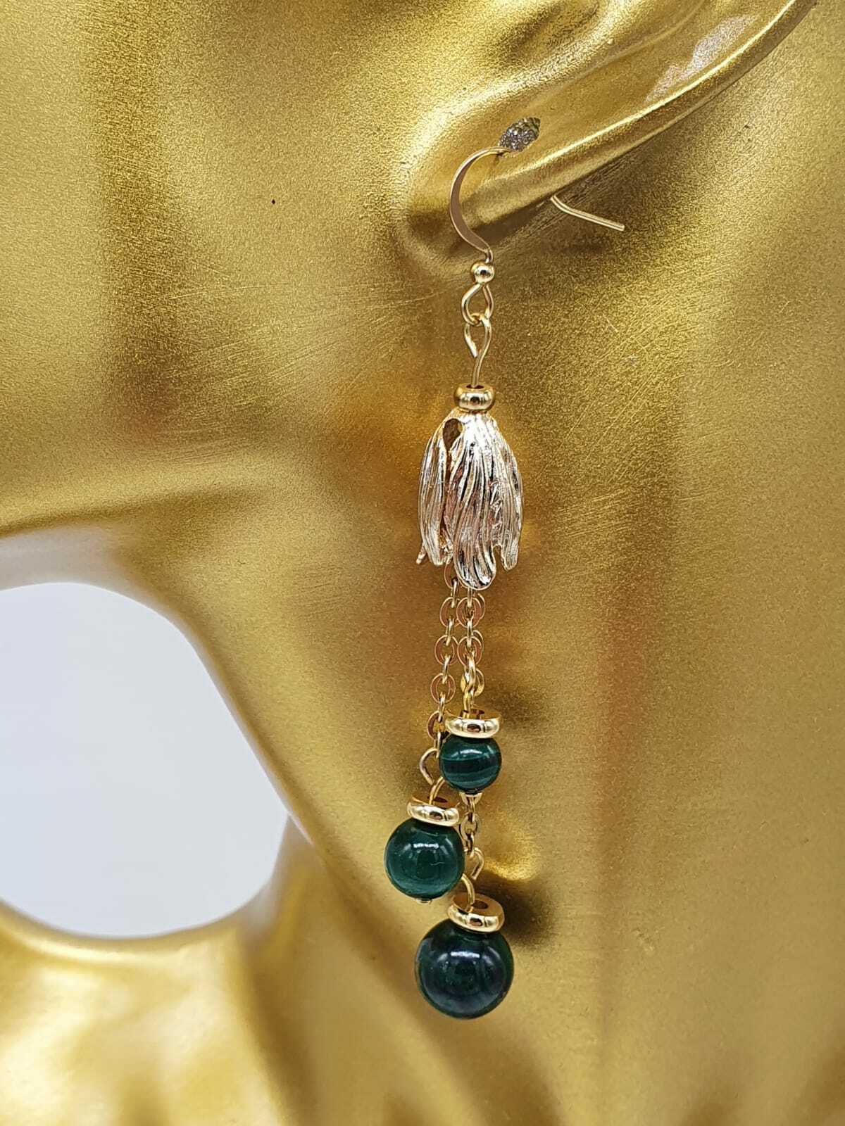 Genuine Malachite Gemstone Floral 18K Gold Plated Dangle Drop Earrings