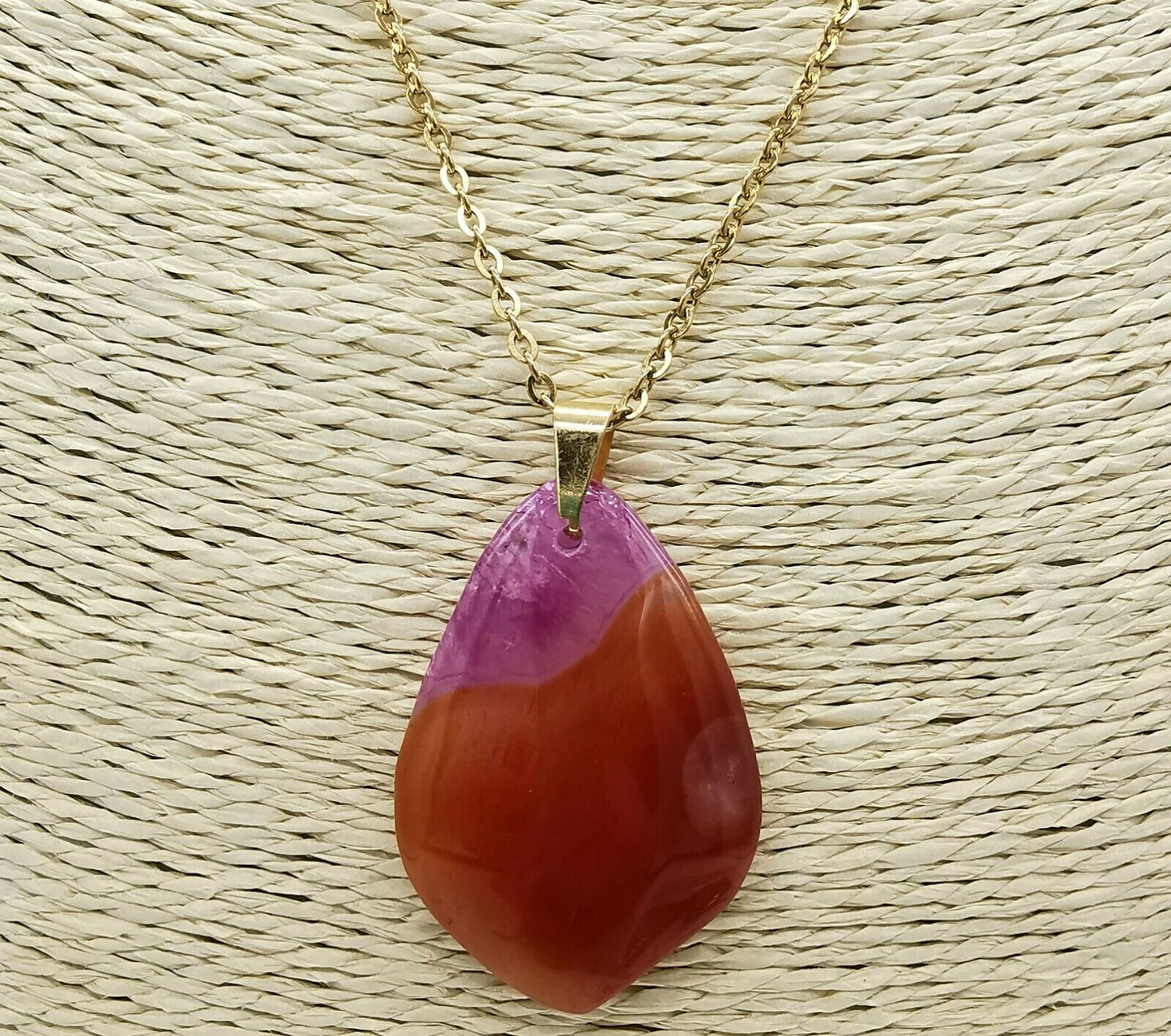 Natural Orange-Pink Agate Gemstone Pendant Stainless Steel Chain Necklace