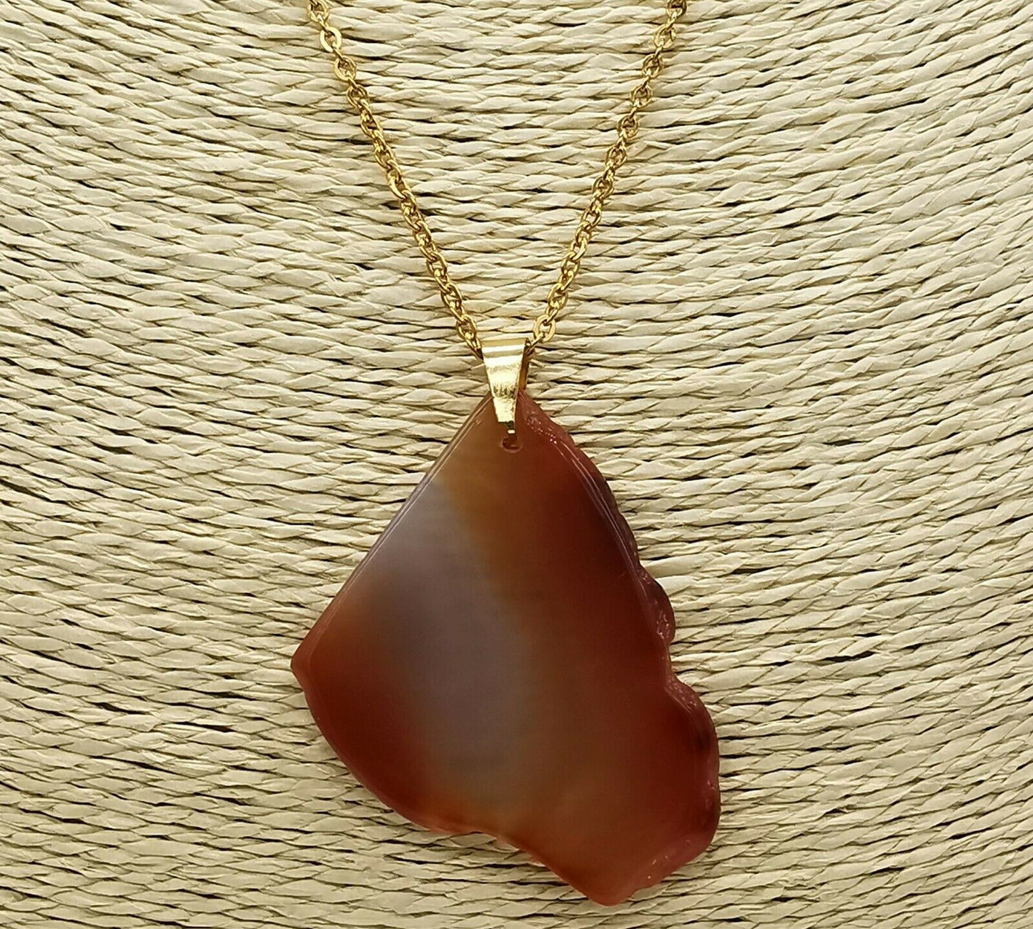 Natural Brown Irregular Slice Agate Gold Plt Stainless Steel Chain Necklace