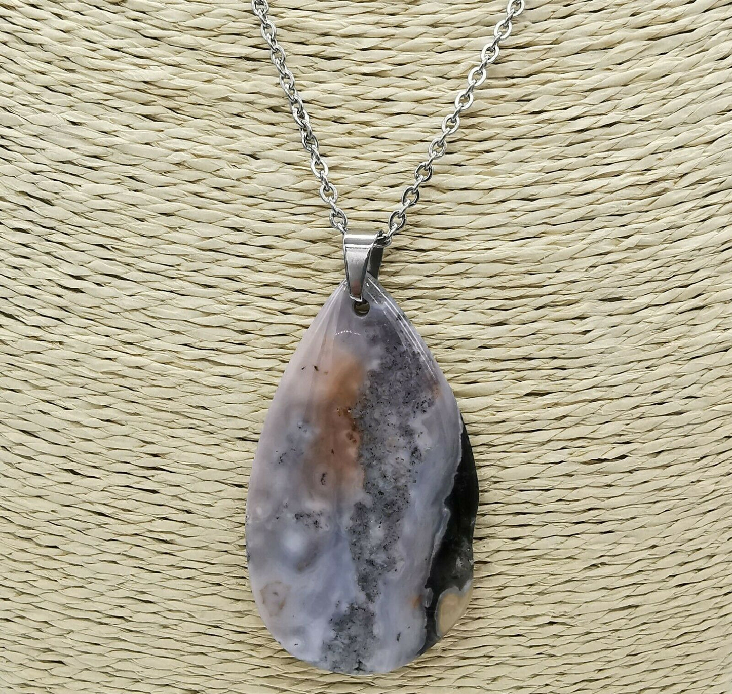 Natural Grey Lace Agate Gemstone Pendant Stainless Steel Chain Necklace