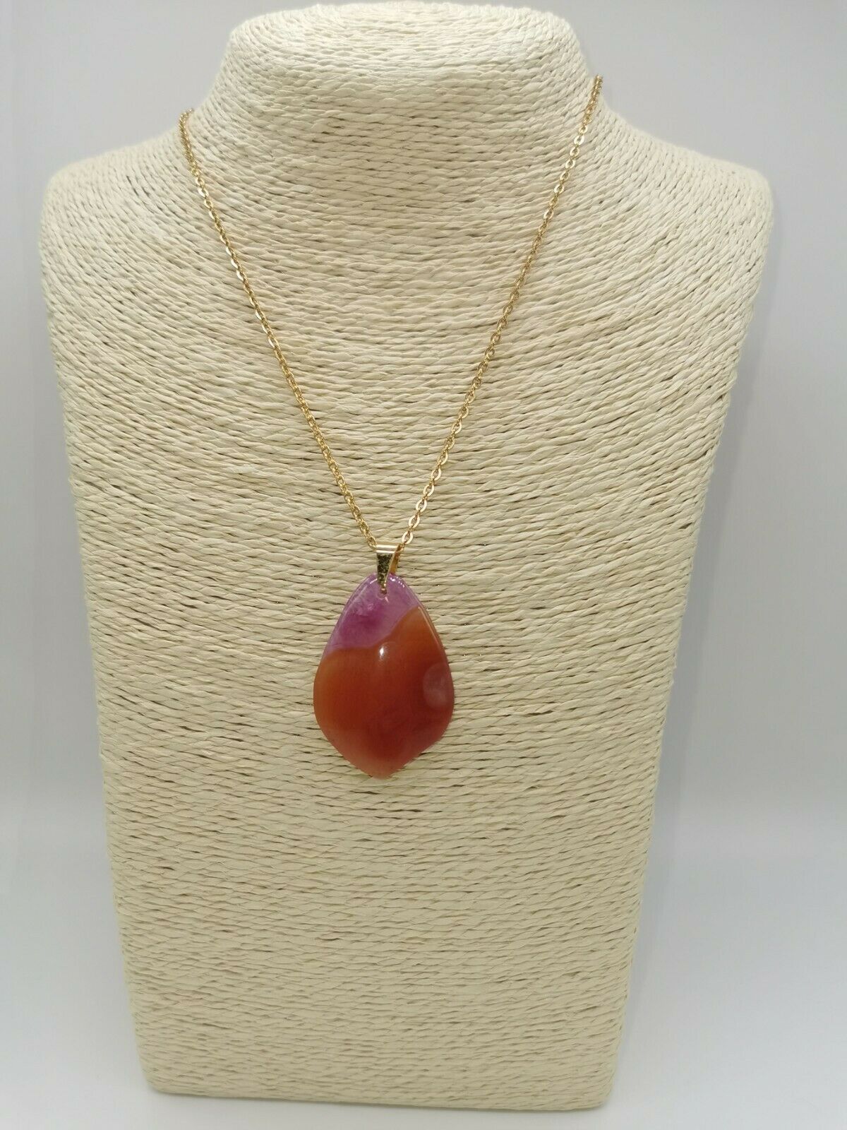 Natural Orange-Pink Agate Gemstone Pendant Stainless Steel Chain Necklace