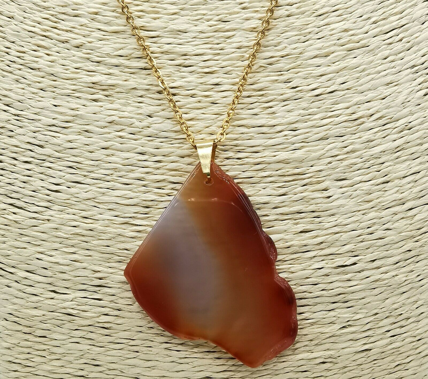 Natural Brown Irregular Slice Agate Gold Plt Stainless Steel Chain Necklace