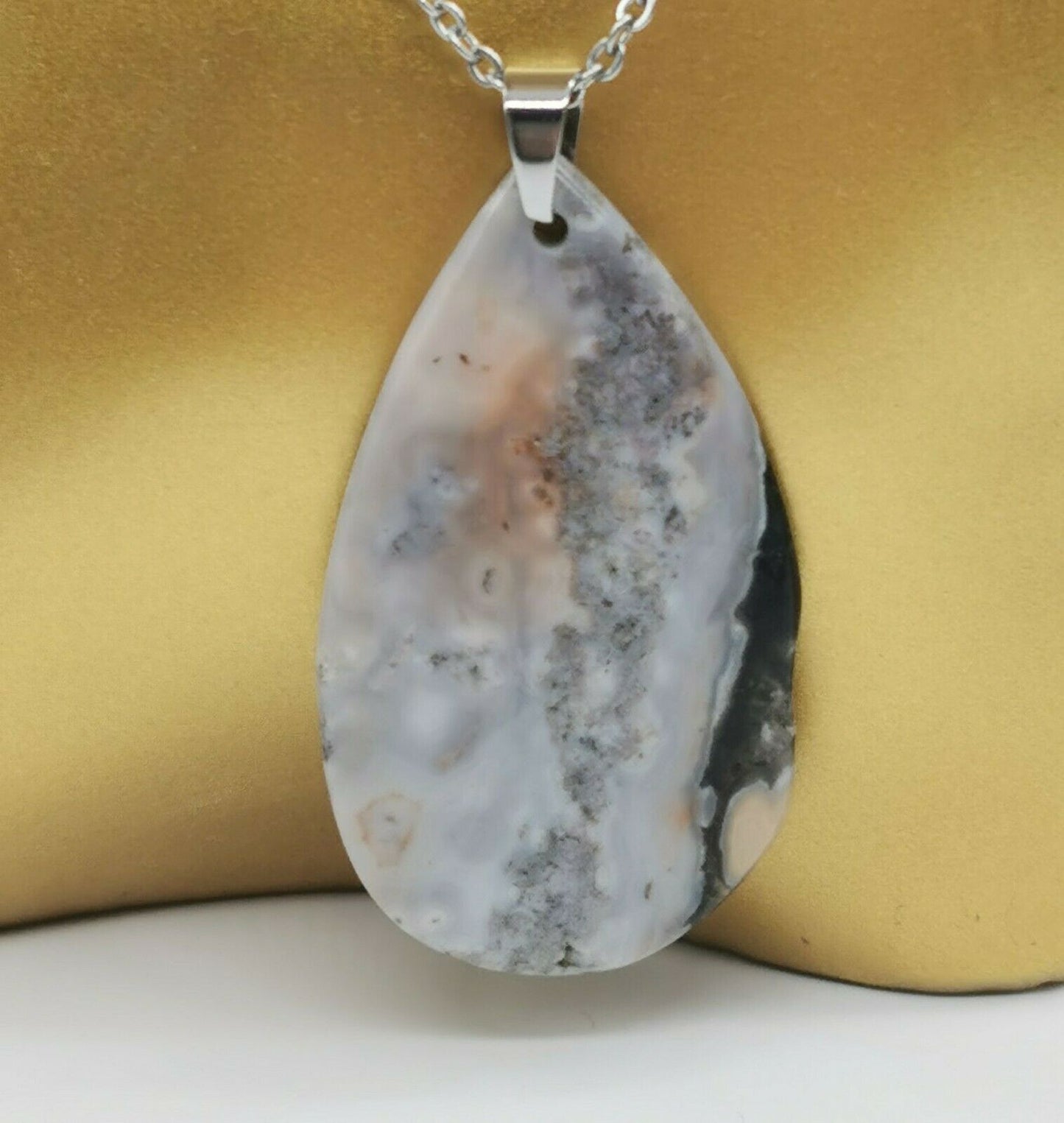 Natural Grey Lace Agate Gemstone Pendant Stainless Steel Chain Necklace