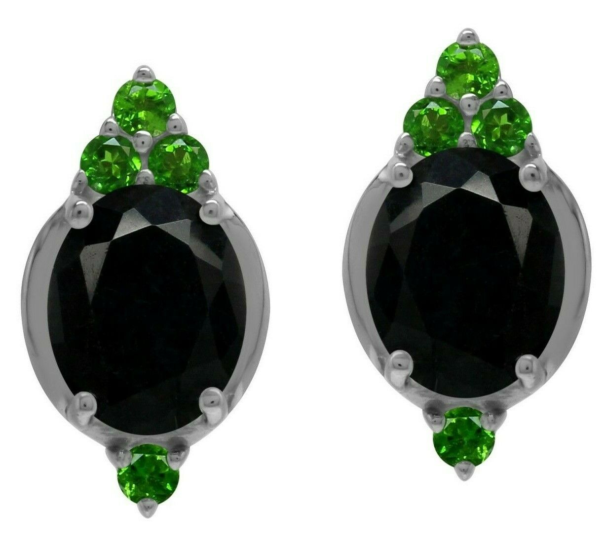 Antique Style Genuine Black Sapphire & Chrome Diopside 925 Silver Stud Earrings