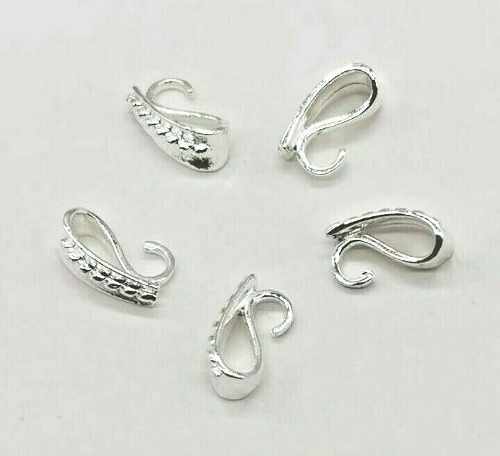 5 Pendant Pinch Bails Clasps Silver Plated W/ Open Loop 13mm x 5mm