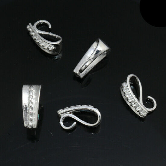5 Pendant Pinch Bails Clasps Silver Plated W/ Open Loop 13mm x 5mm
