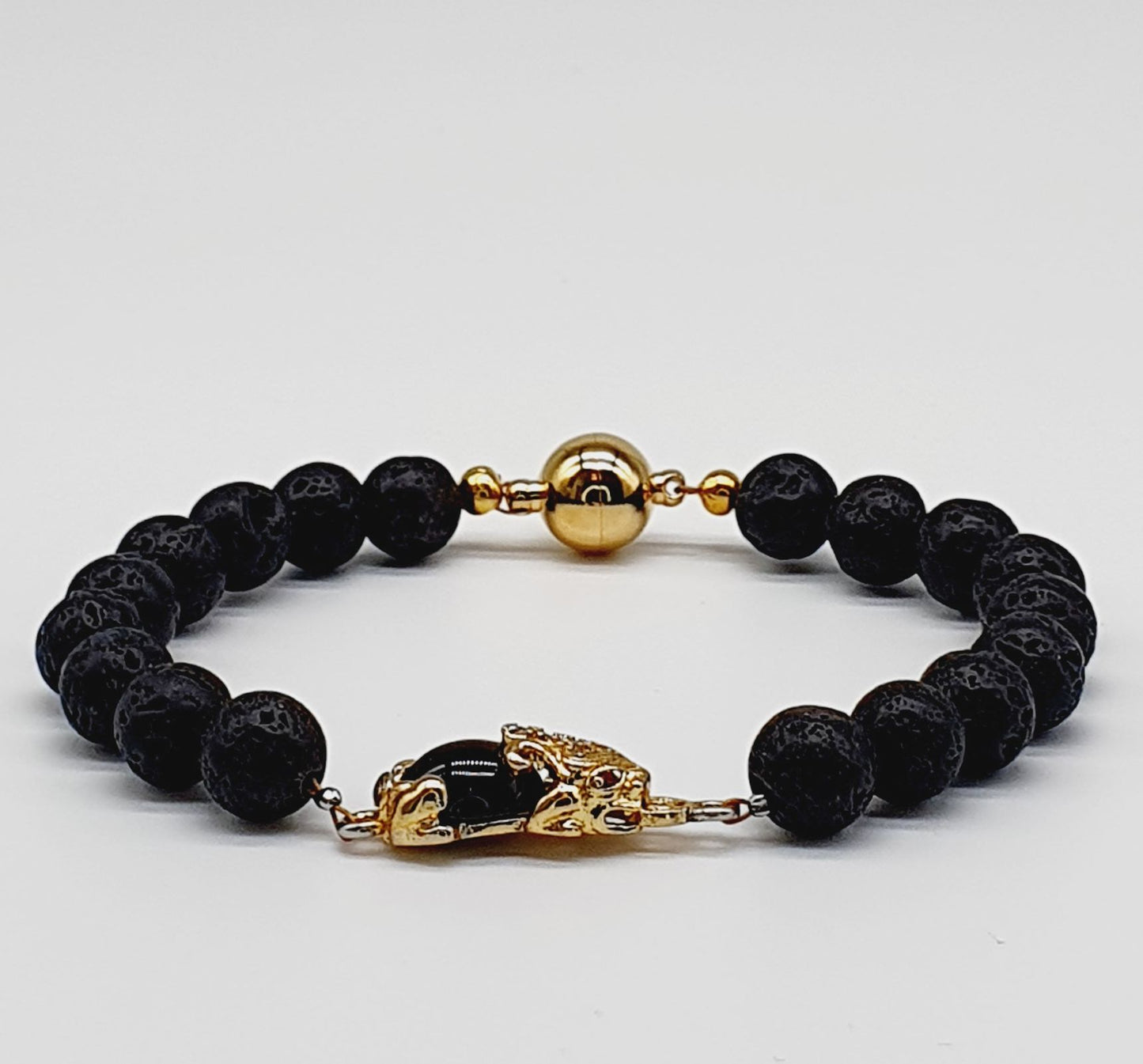 Obsidian & Lava Stone Gold Pixiu Lucky Wealth Unisex Magnetic Clasp Bracelet