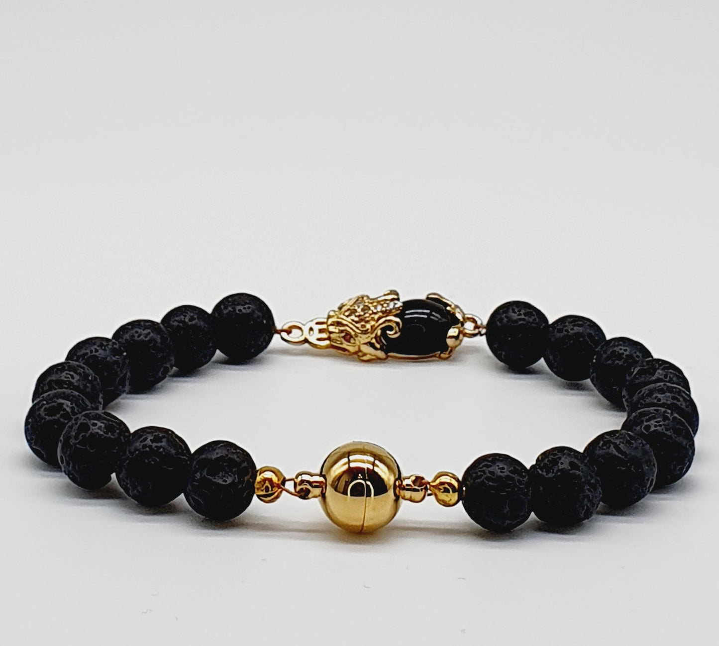 Obsidian & Lava Stone Gold Pixiu Lucky Wealth Unisex Magnetic Clasp Bracelet
