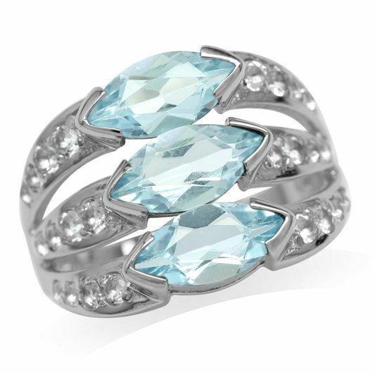 3-Stone Marquise Genuine Blue Topaz White Gold Plt 925 Sterling Silver Ring