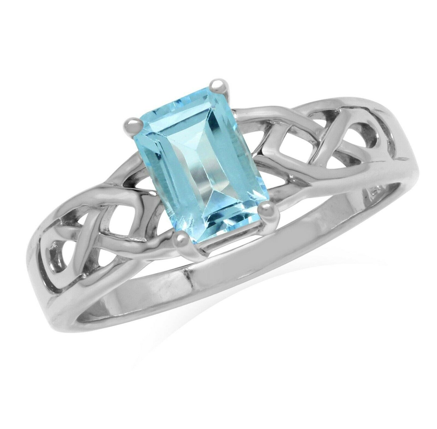 Genuine Octagon Blue Topaz 925 Sterling Silver Celtic Knot Ring- Size 8