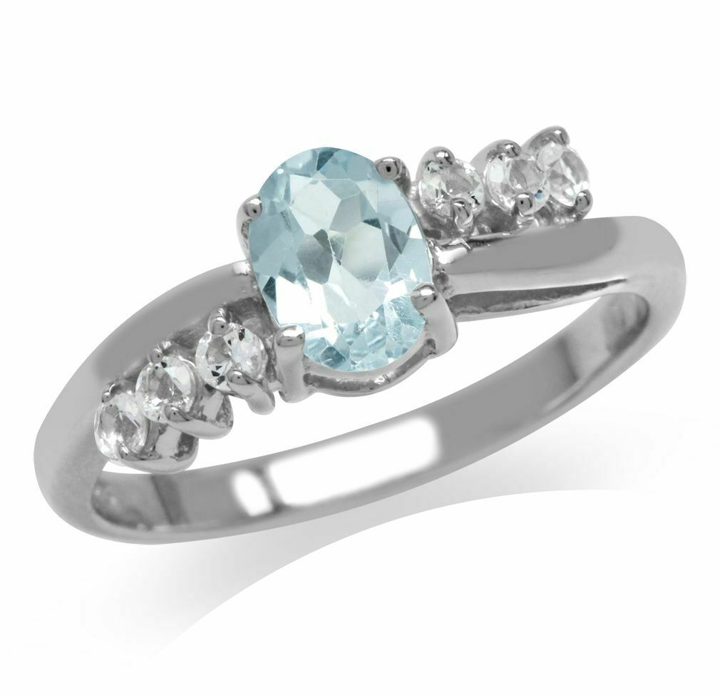 Genuine Blue & White Topaz 925 Sterling Silver Engagement Ring Sz 7