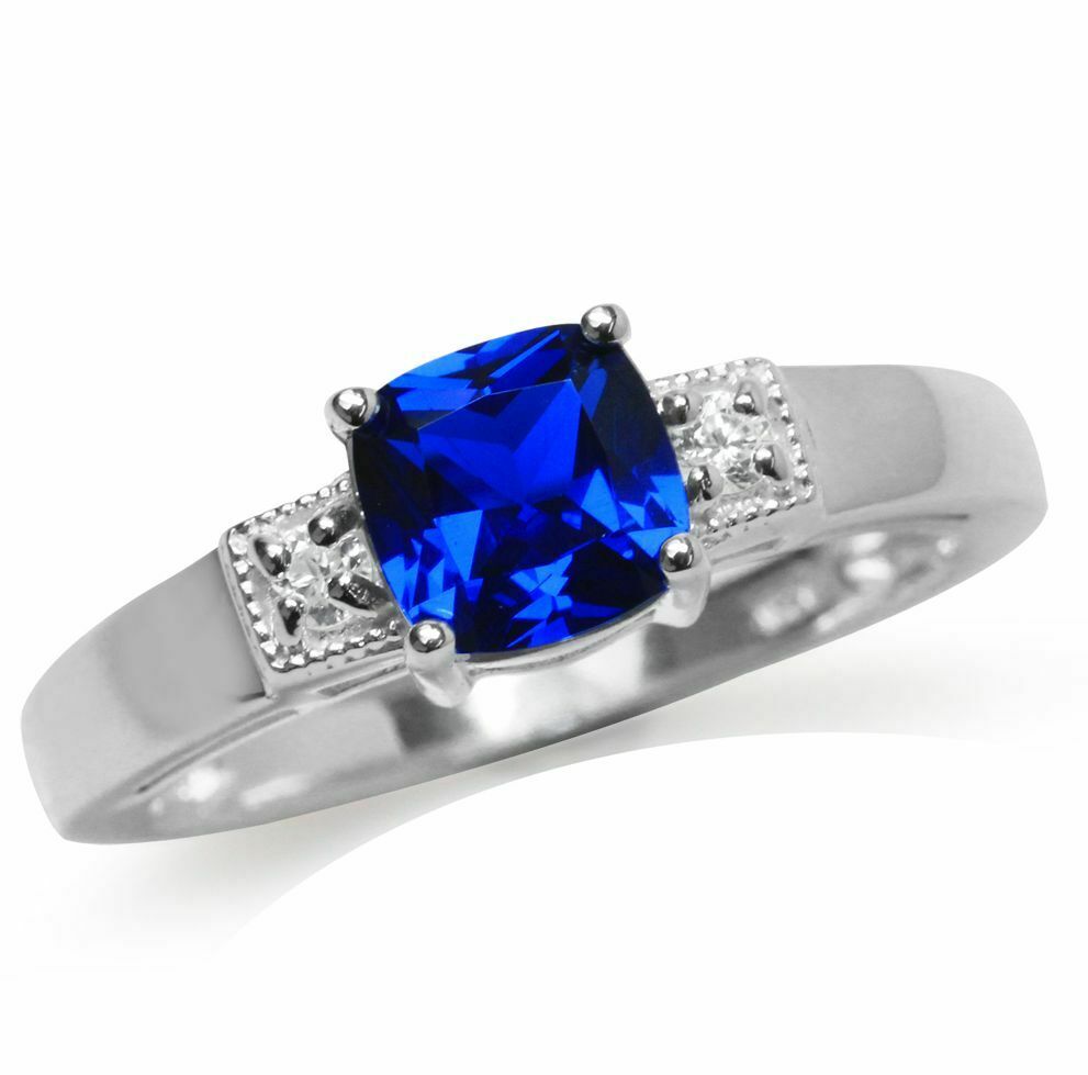 Blue Sapphire & White CZ 925 Sterling Silver Engagement Ring