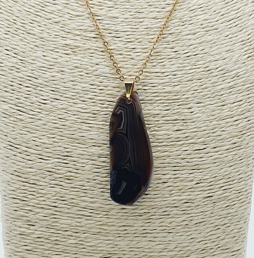 Beautiful Natural Brown waves Agate Gold Plated Stainless Steel Chain Necklace