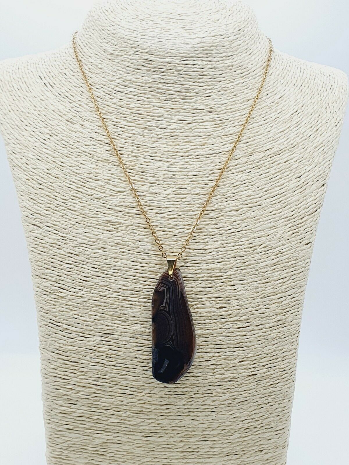 Beautiful Natural Brown waves Agate Gold Plated Stainless Steel Chain Necklace