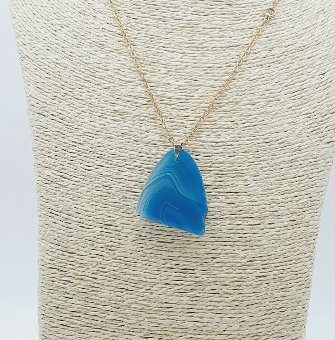 Charming Natural Caribbean Blue Agate Gold Plated Stainless Steel Chain Necklace