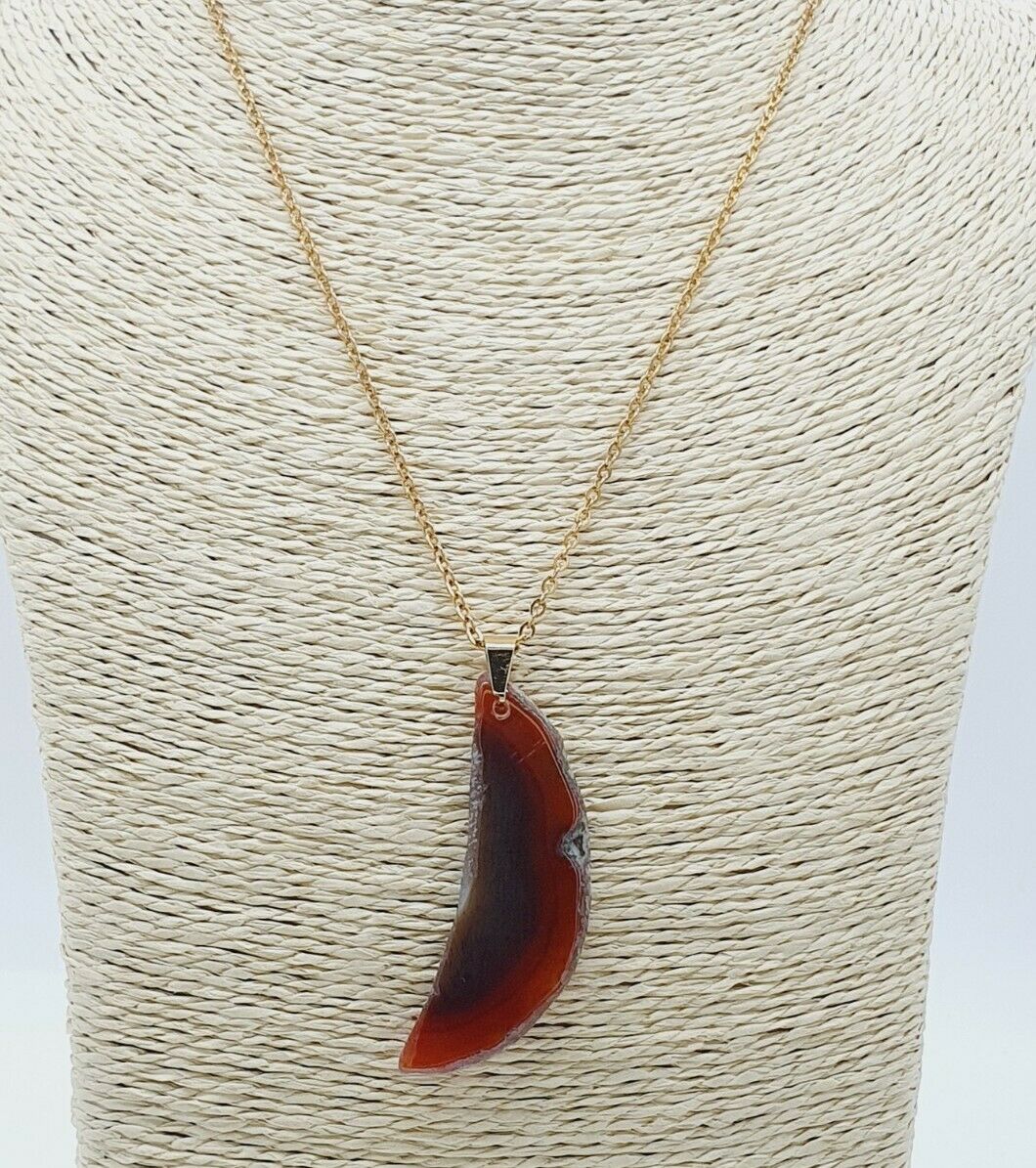 Stunning Natural Brown & Orange Agate Gold Plated Stainless Steel Chain Necklace