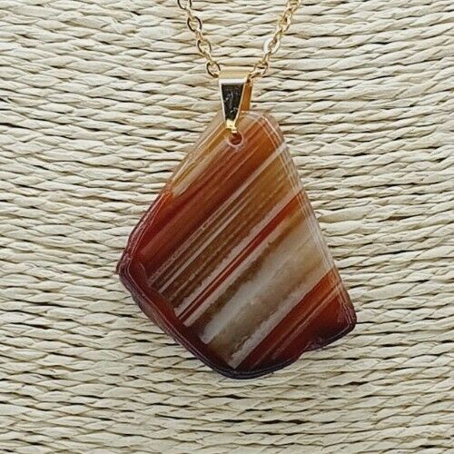 Natural Brown stripes Agate Gold Plated Stainless Steel Chain Necklace