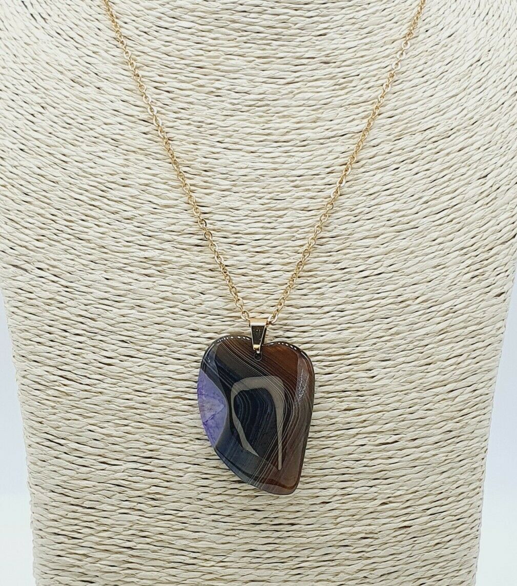 Stunning Natural Brown &Purple Agate Gold Plated Stainless Steel Chain Necklace
