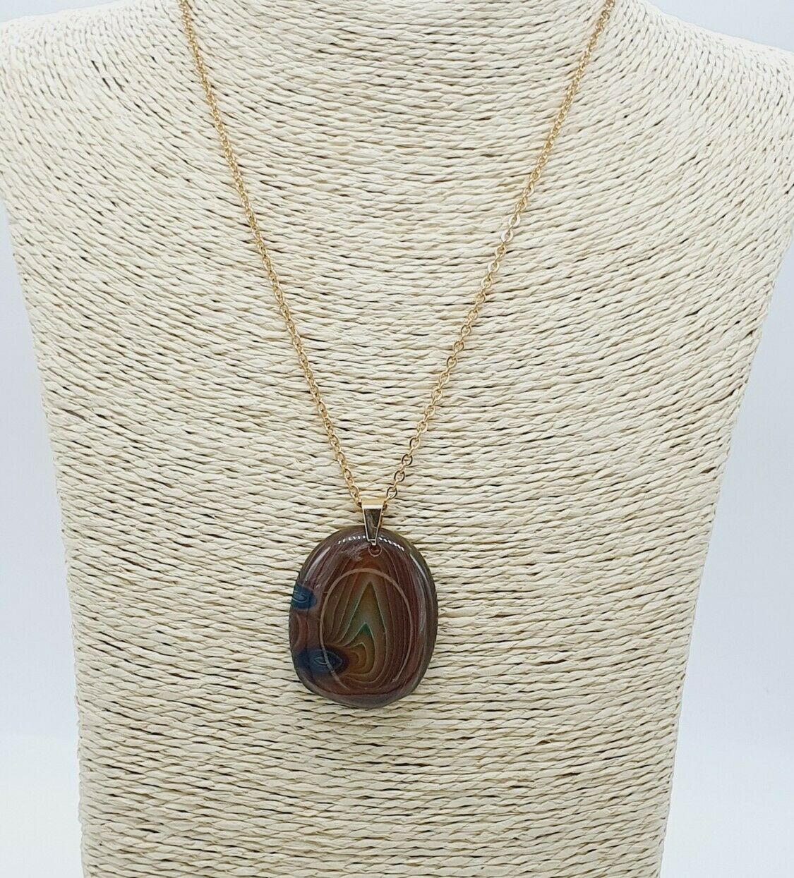 Unique Natural Brown Agate Gold Plated Stainless Steel Chain Necklace