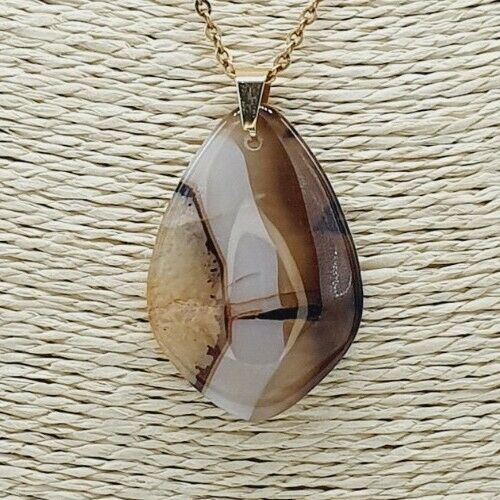 Exquisite Natural Brown &White Agate Gold Plated Stainless Steel Chain Necklace