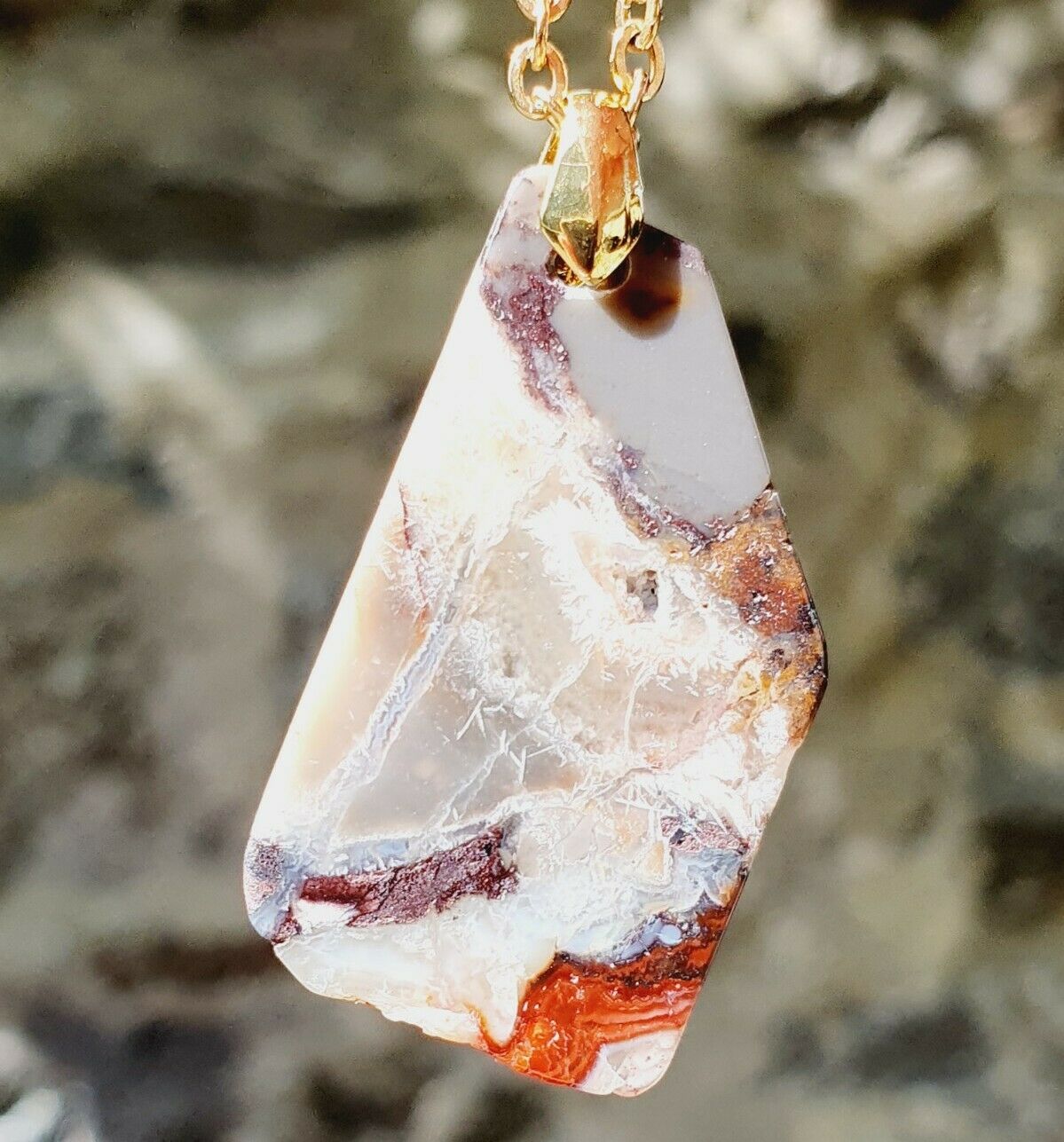 Beautiful Natural Multi Color Agate Gold Plated Stainless Steel Chain Necklace