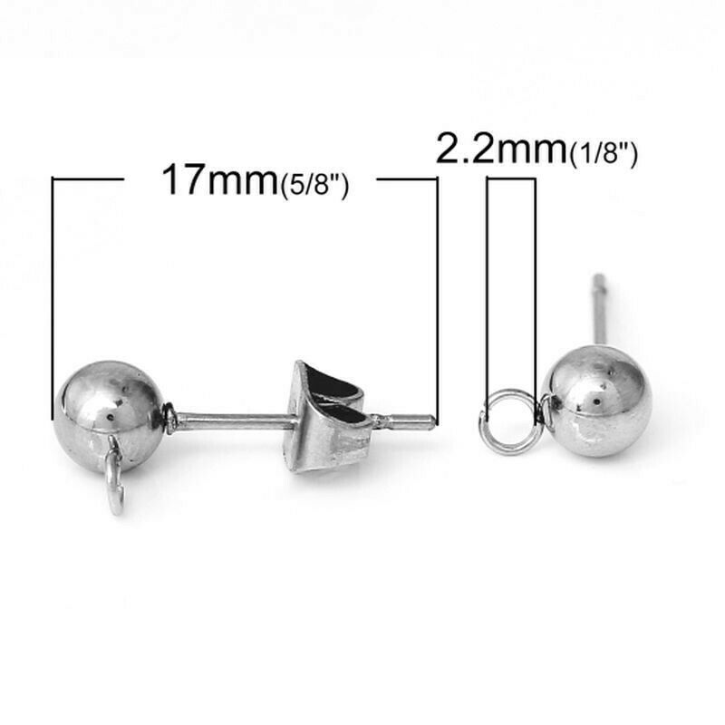 5mm Ball Stainless Steel Ear Stud Earrings Findings with Loop and Stoppers-10pcs