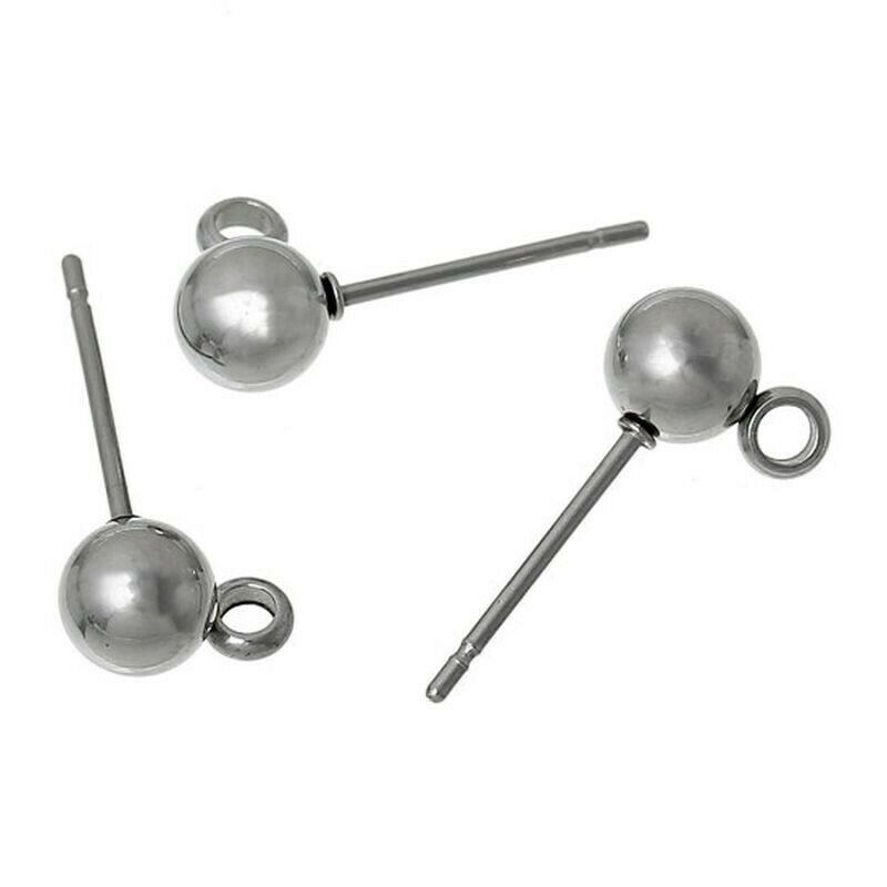 6mm Ball Stainless Steel Ear Post Stud Earrings Findings with Loop-10pcs