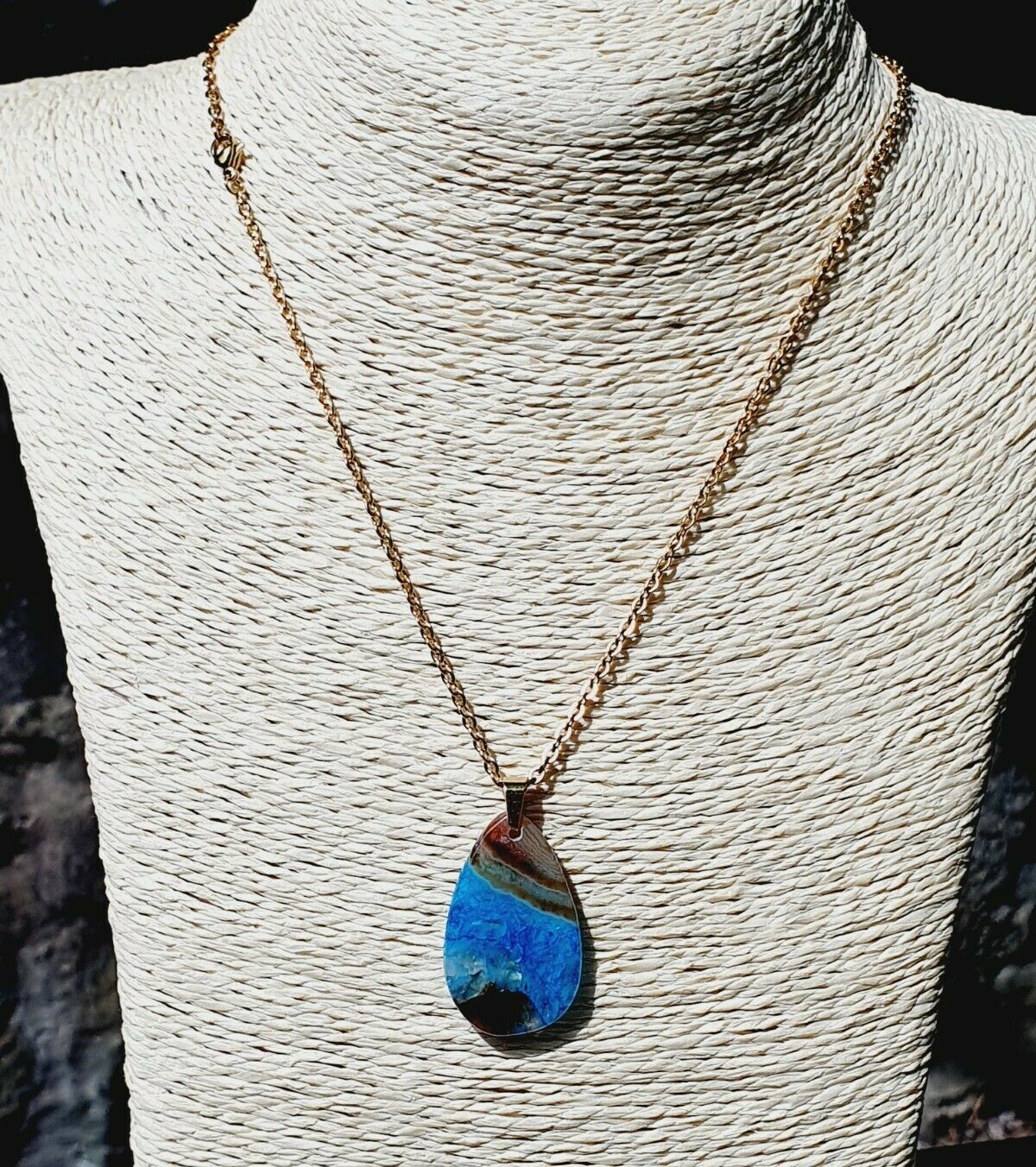 Mesmerising Natural Blue Agate Gold Plated Stainless Steel Chain Necklace