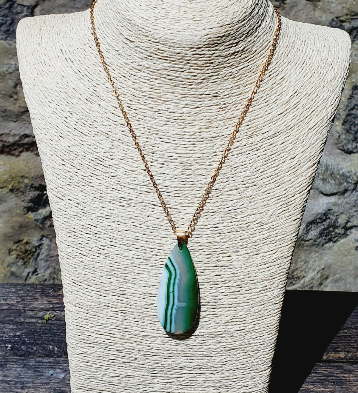 Stunning Natural Green & White Agate Gold Plated Stainless Steel Chain Necklace