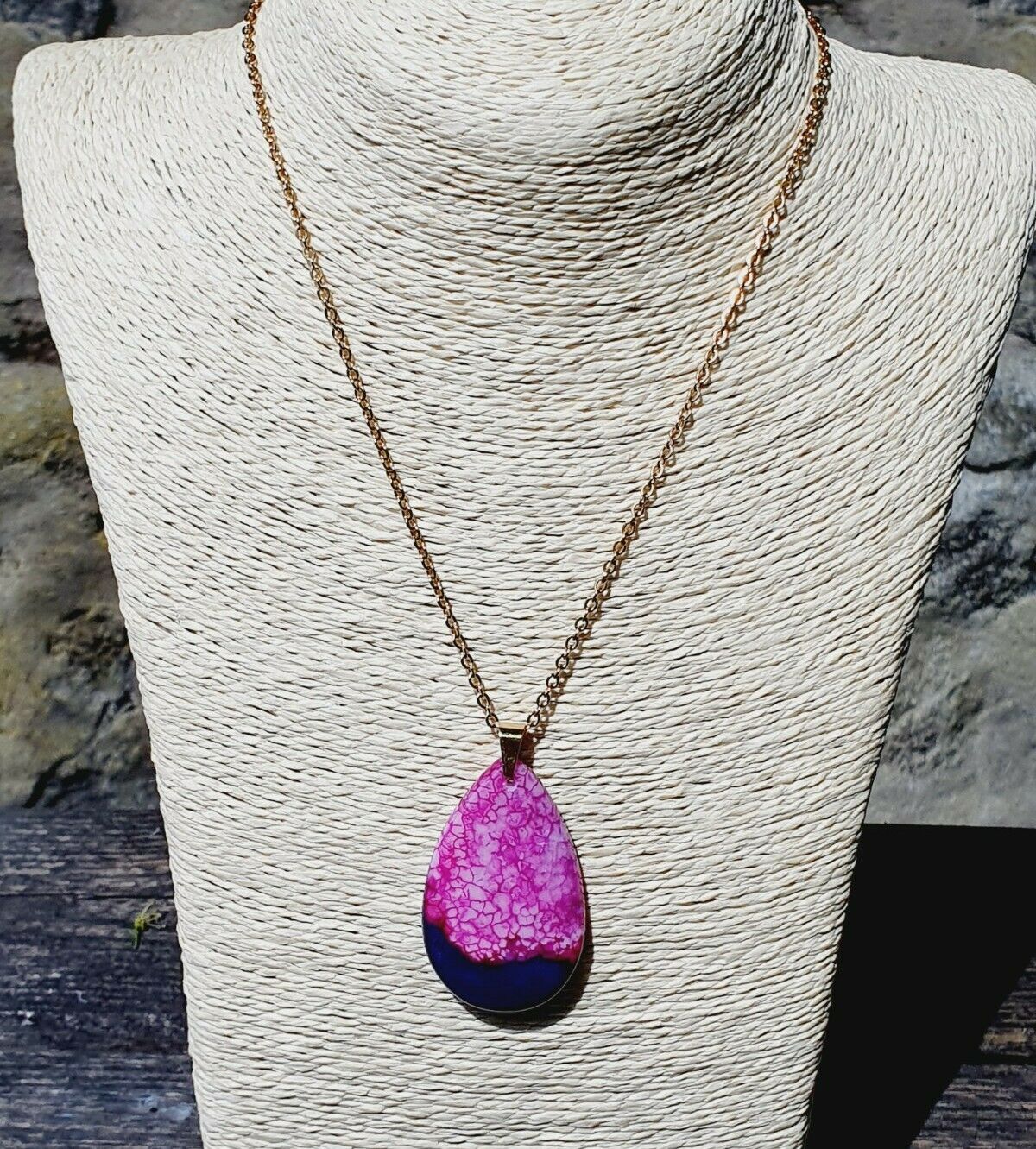 Stunning Natural Pink Purple Agate Gold Plated Stainless Steel Chain Necklace