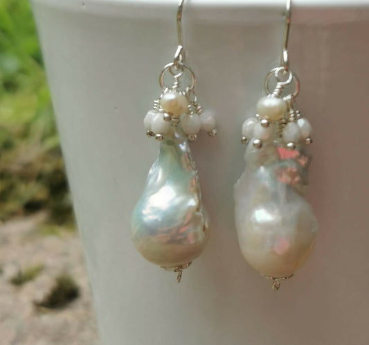 White Baroque Big Fireball Pearls 925 Sterling Silver Cluster Earrings