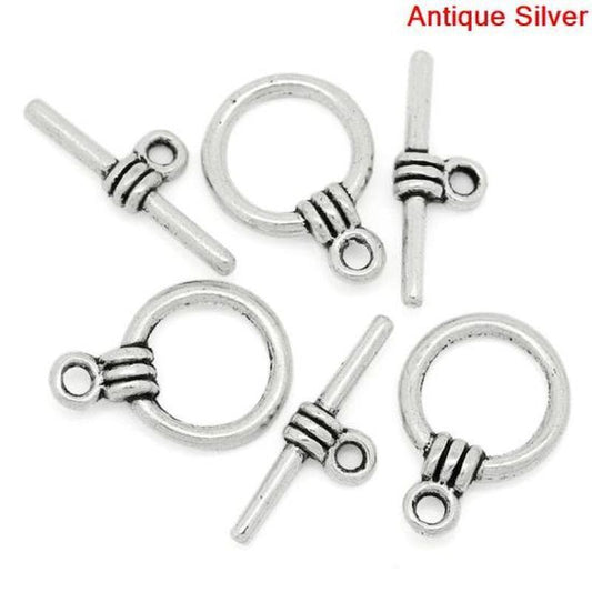 10 Sets Toggle Clasps Round Antique Silver 15mm x11mm - Bar 17mm x6mm