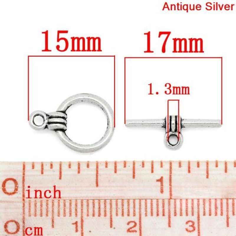 10 Sets Toggle Clasps Round Antique Silver 15mm x11mm - Bar 17mm x6mm