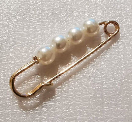 White Faux Pearls Gold Plated Brooch Scarf Pin Headscarf Shawl Women Girls Gift