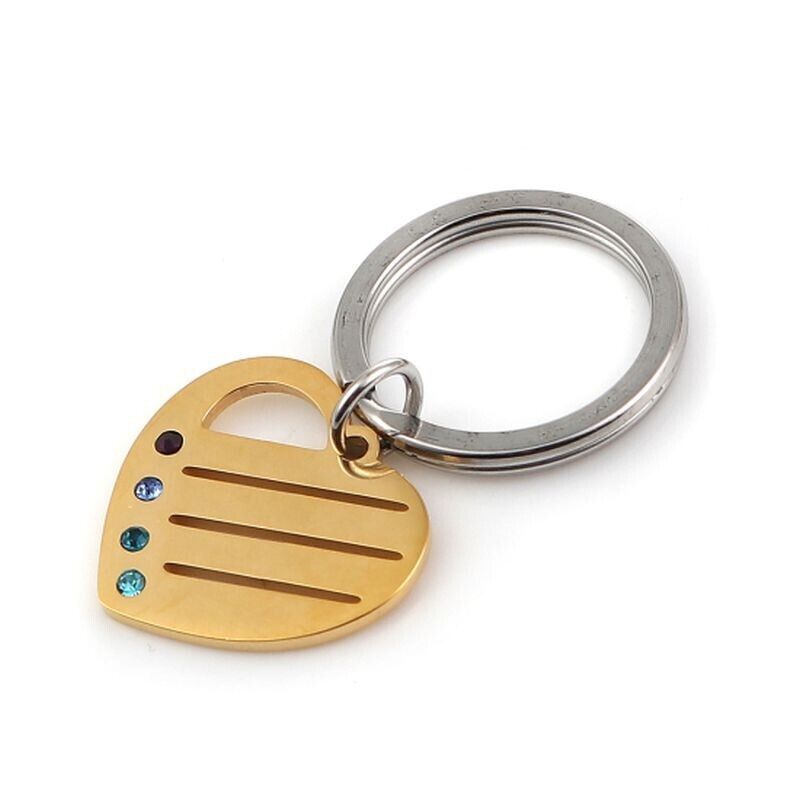 Stainless Steel Keyring Heart Gold Plated & Silver Tone with Rhinestones