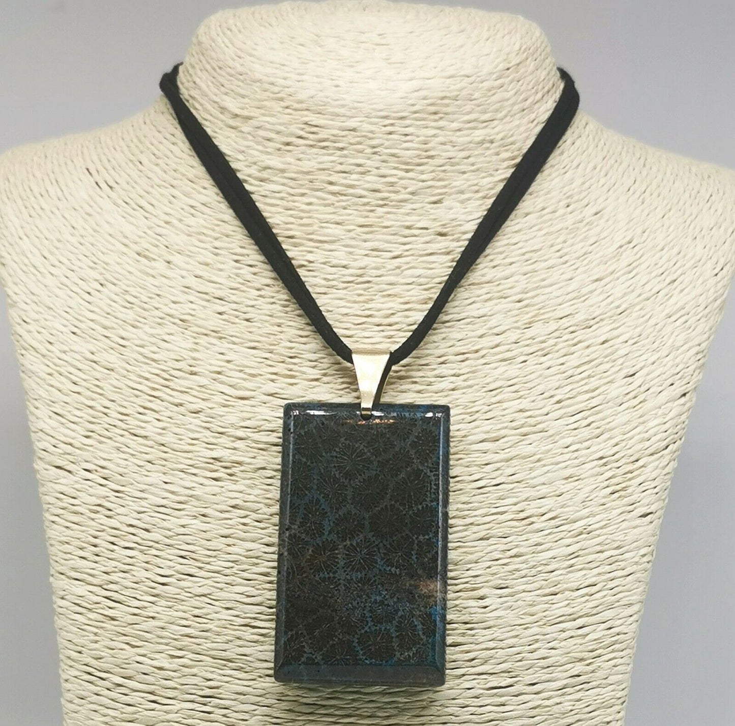 Blue Fossil Coral Pendant with Black Velvet Cord- Gold Stainless Steel Necklace