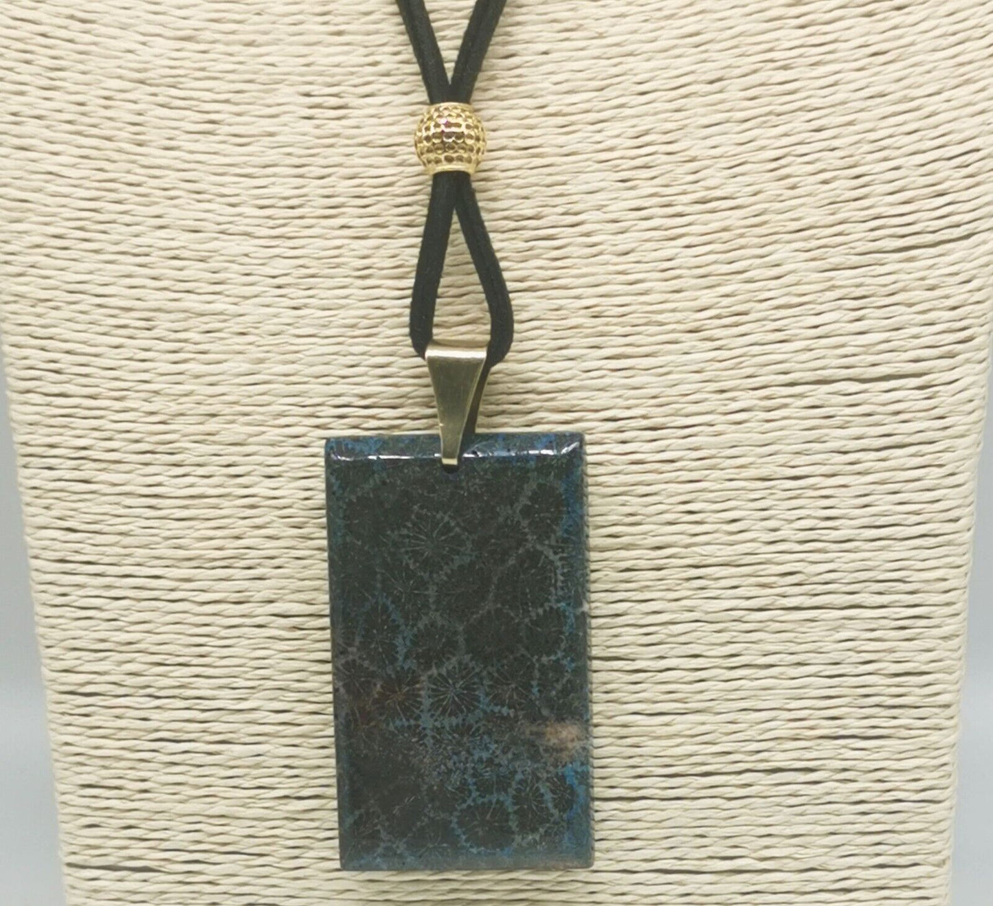 Blue Fossil Coral Pendant with Black Velvet Cord- Gold Stainless Steel Necklace