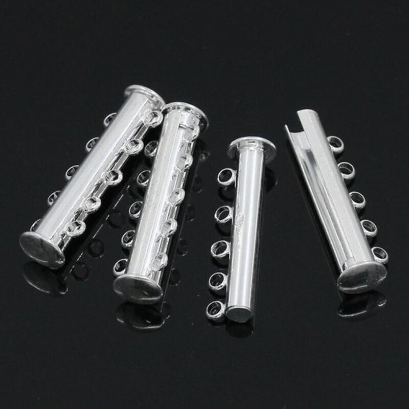2 Sets Silver Plated Magnetic Slide Lock Clasps Tube 5 Strands 30x10mm
