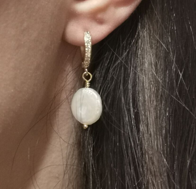 Freshwater Coin Pearl Baroque Dangle Cubic Zirconia Hoop 18K Gold Plt Earrings