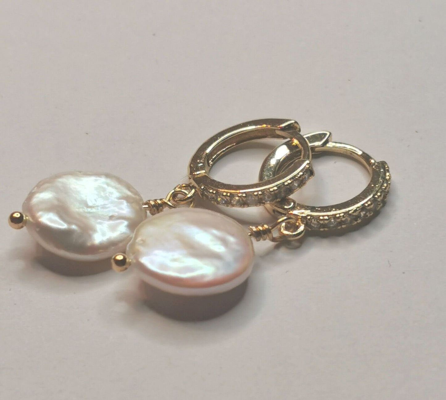 Freshwater Coin Pearl Baroque Dangle Cubic Zirconia Hoop 18K Gold Plt Earrings