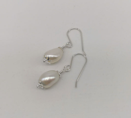 Drop Freshwater White Baroque Pearls 925 Sterling Silver Earrings