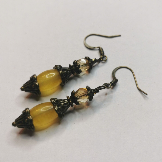 Yellow Jade and Czech Crystal Antique Bronze Lantern Artisan Earrings